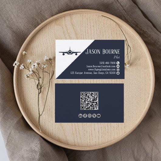 プロフェッショナルQRコード、航空、青、ミニマル 名刺
