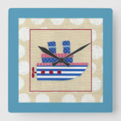 プロペラおよび青い煙突が付いている汽船 スクエア壁時計 (正面)