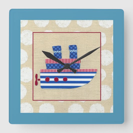 プロペラおよび青い煙突が付いている汽船 スクエア壁時計 (正面)