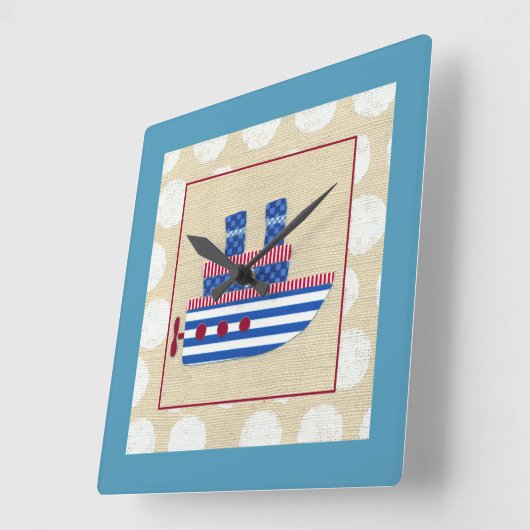 プロペラおよび青い煙突が付いている汽船 スクエア壁時計 (傾斜)