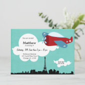 プロペラー飛行機誕生日テーマ（青） 招待状 (スタンド正面)