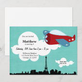 プロペラー飛行機誕生日テーマ（青） 招待状 (正面/裏面)