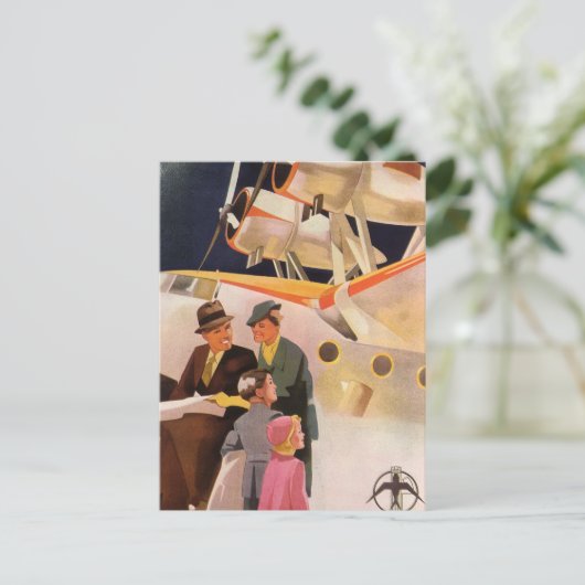 プロペラ付きのヴィンテージ シー プレーンによる家族のバケーション ポストカード (スタンド正面)