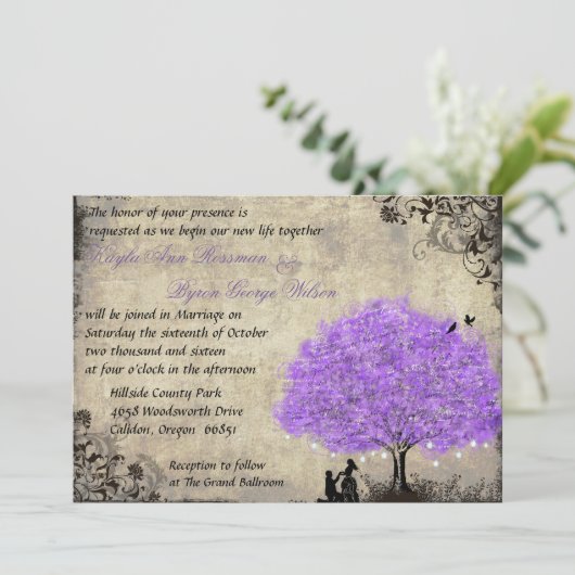 プロポーズパープルツリーヴィンテージウェディング招待状。 招待状 (スタンド正面)