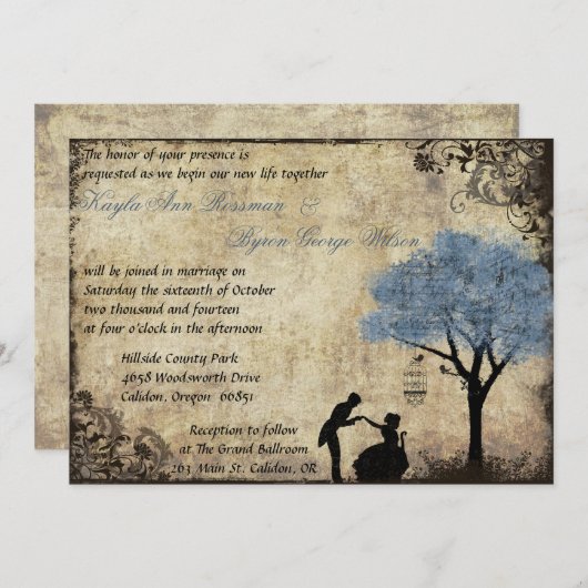 プロポーズヴィンテージウェディング招待状イン青 招待状 (正面/裏面)