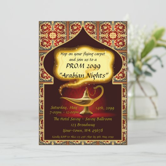 プロムの年長後輩の、アラビアのスタイル、赤及び金ゴールド 招待状 (スタンド正面)