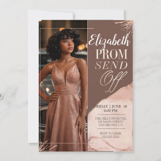 プロムエレガント送信オフアースピンクポートレート写真 招待状 (正面)
