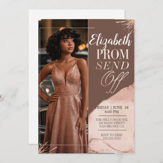プロムエレガント送信オフアースピンクポートレート写真 招待状 (正面/裏面)
