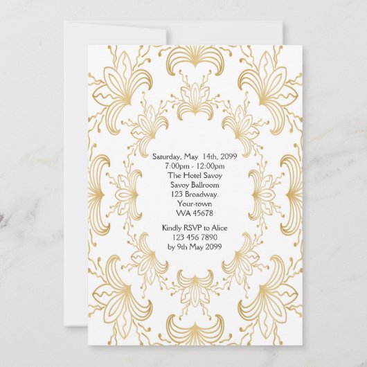 プロムシニア、アールデコ、フラワー様式化、白金ゴールド 招待状 (裏面)