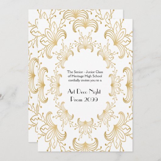 プロムシニア、アールデコ、フラワー様式化、白金ゴールド 招待状 (正面/裏面)