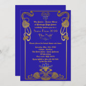 プロムシニア、ギャツビースタイル、ブルー&金ゴールド、モノグラム 招待状 (正面/裏面)