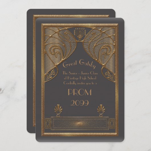プロムシニア-ジュニア、ギャツビ素晴らしー、金ゴールド、グレーB 招待状 (正面/裏面)
