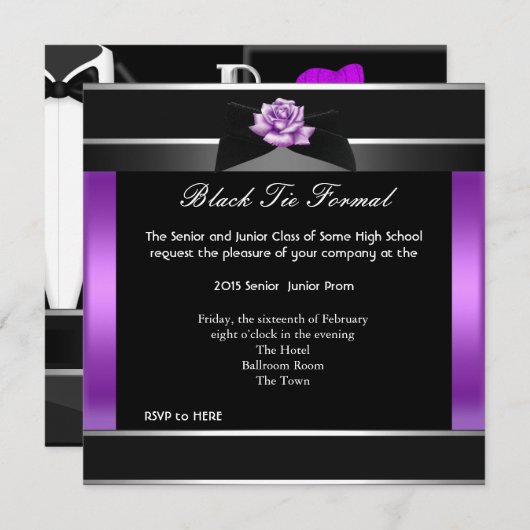プロムハイスクールフォーマルダンスパープルブラックタイ 招待状 (正面/裏面)