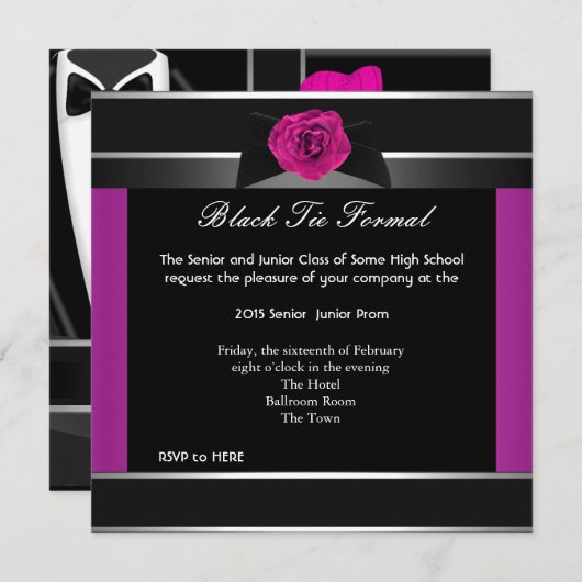 プロムハイスクールフォーマルダンスピンクブラックタイ 招待状 (正面/裏面)