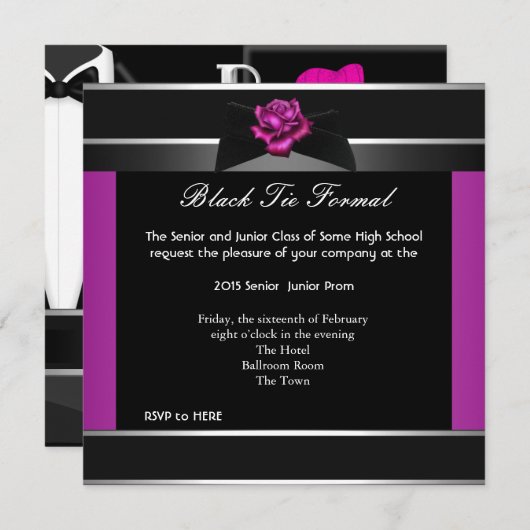 プロムハイスクールフォーマルダンスピンクブラックタイ 招待状 (正面/裏面)