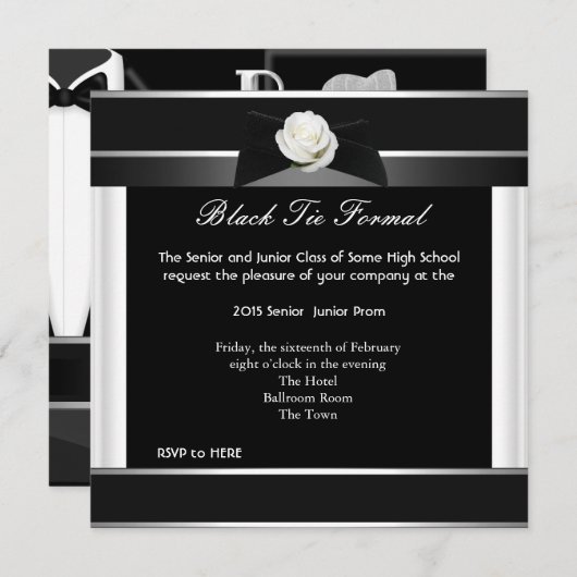 プロムハイスクールフォーマルダンスホワイトブラックタイ 招待状 (正面/裏面)