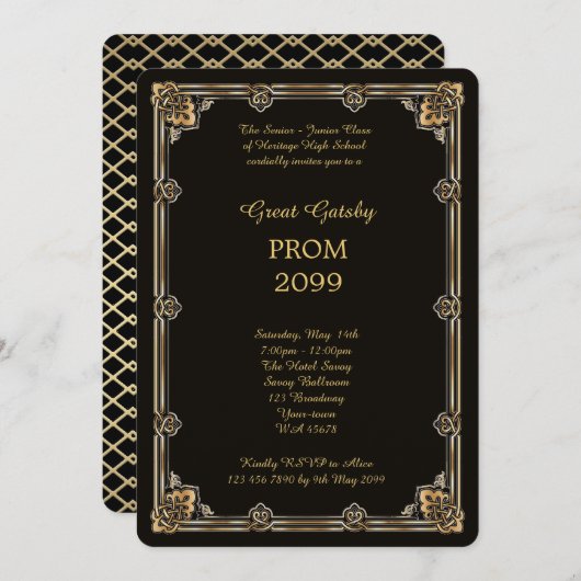 プロム シニア・ジュニア, グレートギャツビー, ゴールド, ブラック 招待状 (正面/裏面)