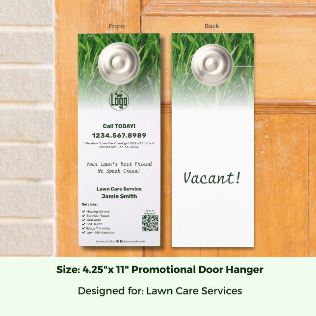 プロモローンサー気にビスのロカスタムゴ ドアノブサイン (Promotional Lawn Care Service Custom Logo Door Hanger, Image, QR, List, CTA; Size 4.25 x 11 Inch)