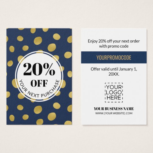 プロモーションコードネイビーブルー金ゴールドサークル割引カード (正面&裏面)