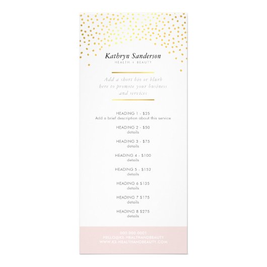 プロモーションプライスサービスリストシックな素朴な金ゴールド紙吹雪 ラックカード (正面)