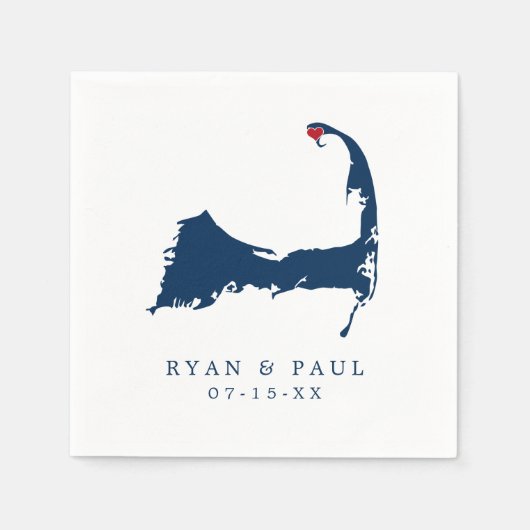 プロヴィンスタウン ケープコッド マップ 青と赤のハート スタンダードカクテルナプキン (正面)