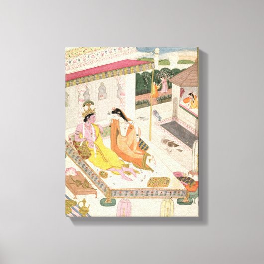 プンジのモグル宮殿のベッドにクリシュナとラダ キャンバスプリント (正面)