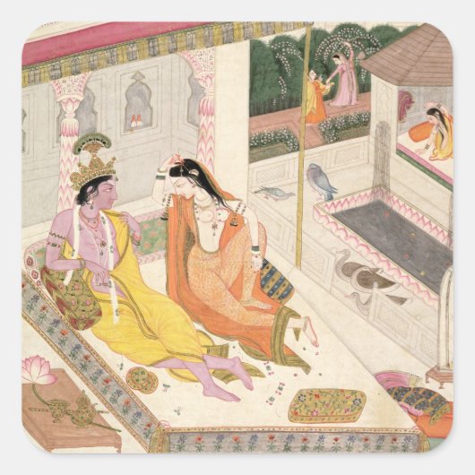 プンジのモグル宮殿のベッドにクリシュナとラダ スクエアシール (正面)