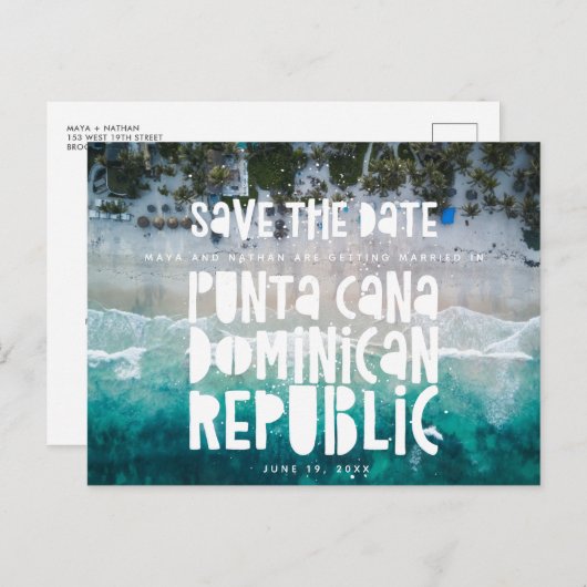 プンタカナドミニカビーチ結婚式日付を保存 案内ポストカード (正面/裏面)