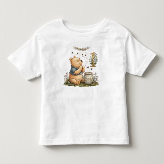 プーさん水彩画1歳の誕生日ベビーTシャツ 名前入り トドラーTシャツ (正面)