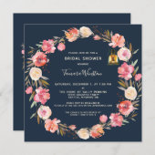 プーエレガントニーフローラランタンネイビーブライダルシャワー 招待状 (正面/裏面)