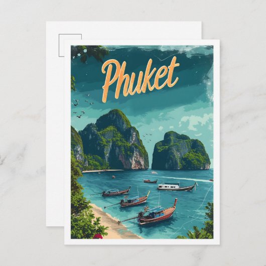 プーケットタイランドヴィンテージアートトラベルイラストレーション ポストカード (正面/裏面)