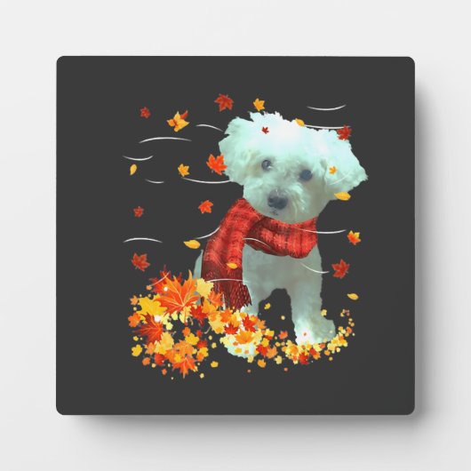 プーチョンの秋のマフラー - 犬と紅葉 フォトプラーク (正面)