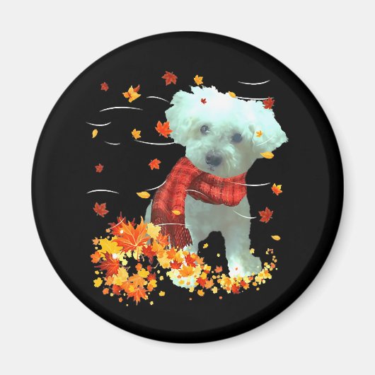 プーチョンの秋のマフラー - 犬と紅葉 マグネット (正面)