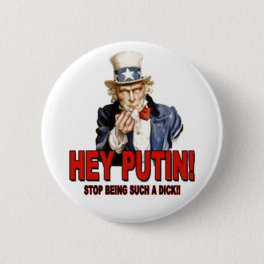 プーチンに中指を立てるサムおじさん 缶バッジ (正面)
