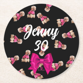 プードルのオードル（ピンクオンブラック）パーティー ラウンドペーパーコースター