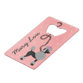 プードルのスカートのレトロのピンクおよび黒い50sパターン クレジットカード栓抜き (正面アングル)