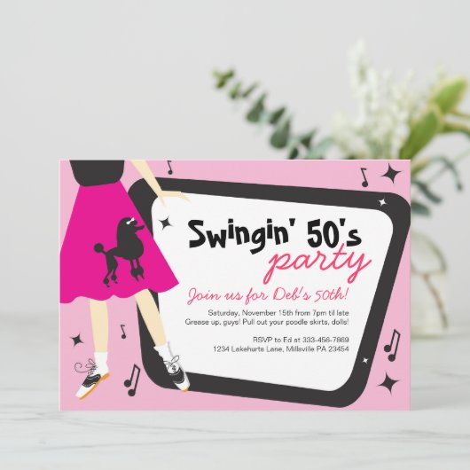 プードルのスカートの50年代のテーマのパーティの招待状 招待状 (スタンド正面)