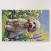 プードルの犬の春の花の絵画 ジグソーパズル (横)