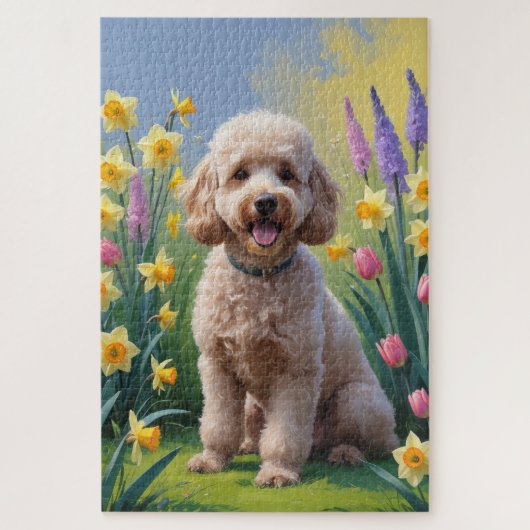 プードルの犬の春の花の絵画 ジグソーパズル (縦)