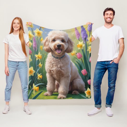プードルの犬の春の花の絵 フリースブランケット (インサイチュ)