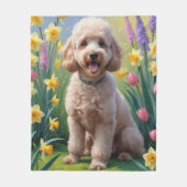 プードルの犬の春の花の絵 フリースブランケット (正面)