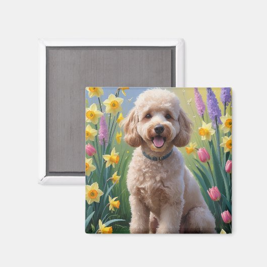 プードルの犬の春の花の絵 マグネット (正面/裏面)