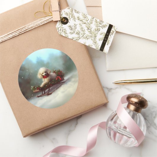 プードルクリスマスの雪の冬 ラウンドシール (ギフト)