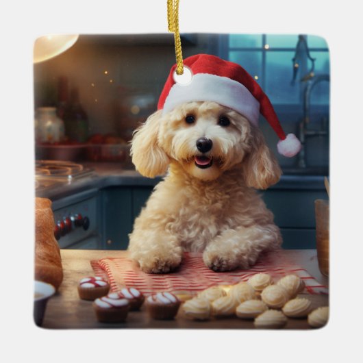 プードルクリスマスクッキーフェスティバルホリデイ セラミックオーナメント (正面)