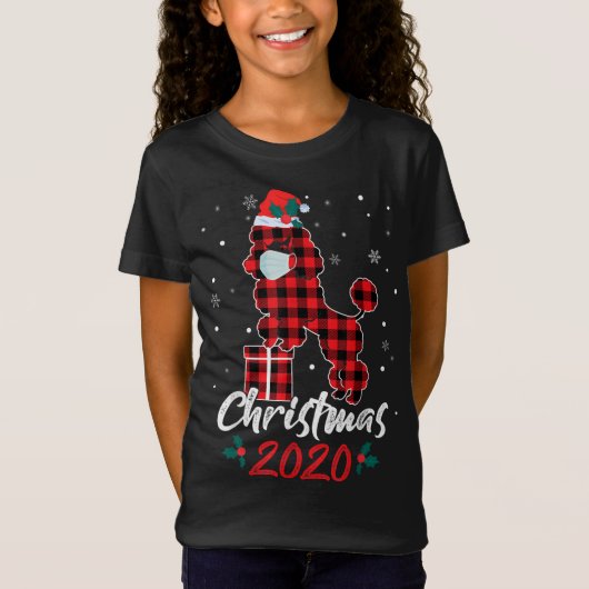 プードルクリスマス2020赤い格子柄プードルドッグサンタX Tシャツ (正面)