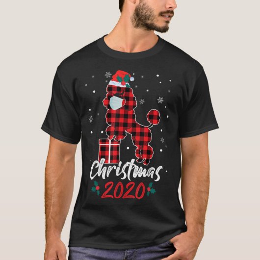プードルクリスマス2020赤い格子柄プードル Tシャツ (正面)