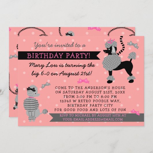 プードルスカートレトロピンクブラック50s誕生日パーティー 招待状 (正面/裏面)