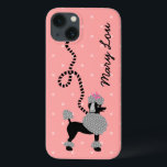 プードルスカートレトロピンク&ブラック50パーソナライズされたs iPhone 13ケース<br><div class="desc">このかわいいプフランスのードルデザイン銀河系ケースは、1950年代のクラシックプードルのスカートに由来する。黒いプかわいらしードル犬は、水玉模様付きの毛皮のグレーポンポンと、黒いステンシルスタイルの首輪とを有する。全ては薄いピンクのヴィンテージ色のポルカ効果を持つピンク色の背景に点々のあるある。 

 草書きのフォントに名前を簡単に追加し渦巻形のたり、サンプル名を削除したりできます。この中モダン期のデザインは、ロック・アンガーリード・ロール、アメリカのノスタルジア、ソックホップを好む人に最適です。</div>