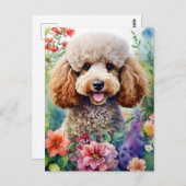 プードルドッグウォーターカラーフローラアート ポストカード (正面/裏面)
