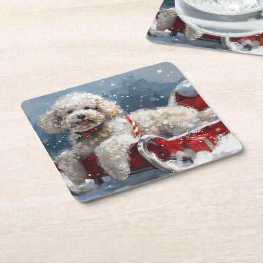 プードルドッグクリスマスフェスティバル スクエアペーパーコースター (アングル)